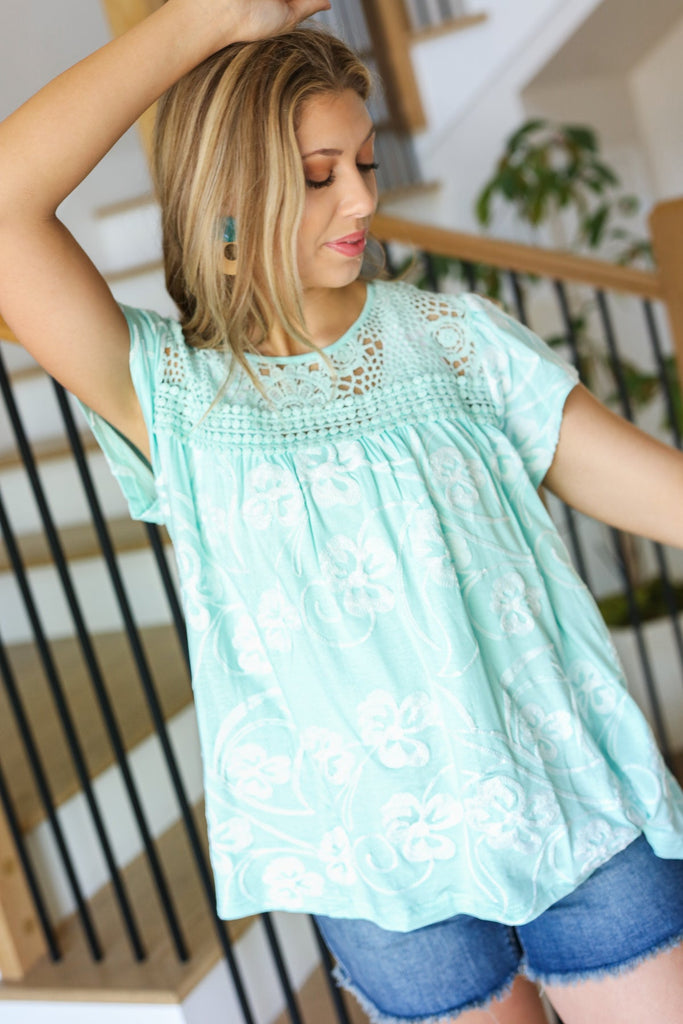 Lovely In Aqua Embroidered Flutter Sleeve Woven Top-Timber Brooke Boutique, Online Women's Fashion Boutique in Amarillo, Texas