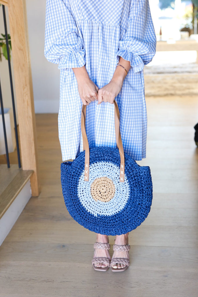 Blue Raffia Woven Circle Lined Bag-Timber Brooke Boutique, Online Women's Fashion Boutique in Amarillo, Texas