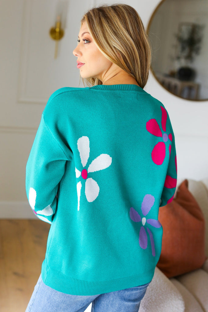 Adorable Turquoise Daisy Flower Jacquard Pullover Sweater-Timber Brooke Boutique, Online Women's Fashion Boutique in Amarillo, Texas