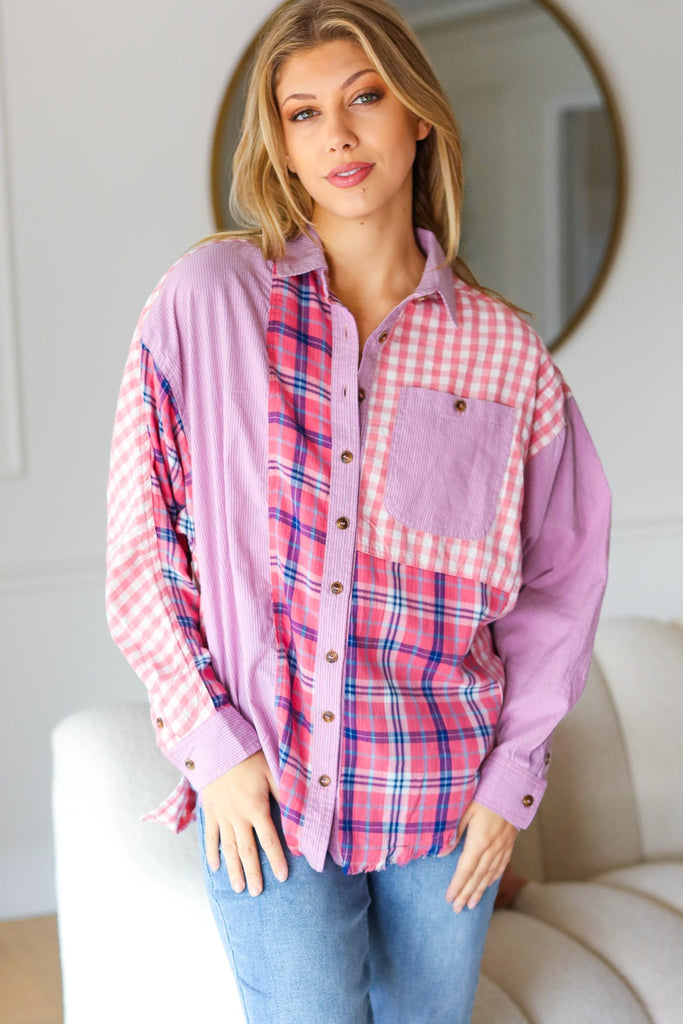 Everyday Bliss Pink & Navy Plaid Color Block Button Down Top-Timber Brooke Boutique, Online Women's Fashion Boutique in Amarillo, Texas