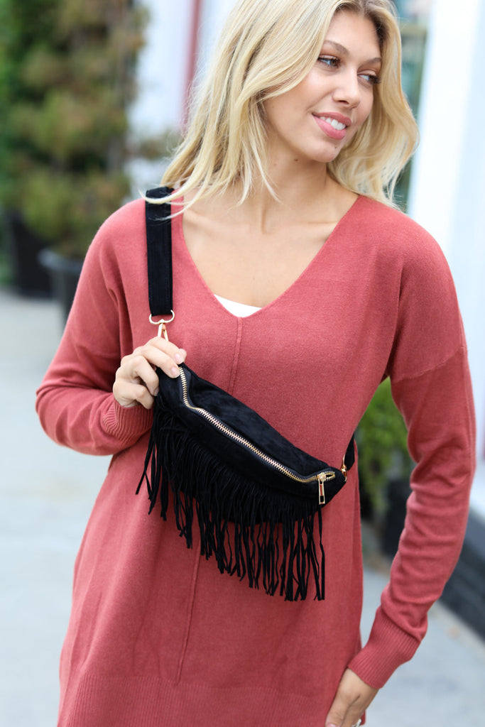 Black Faux Suede Fringe Convertible Fanny/Sling Bag-Timber Brooke Boutique, Online Women's Fashion Boutique in Amarillo, Texas