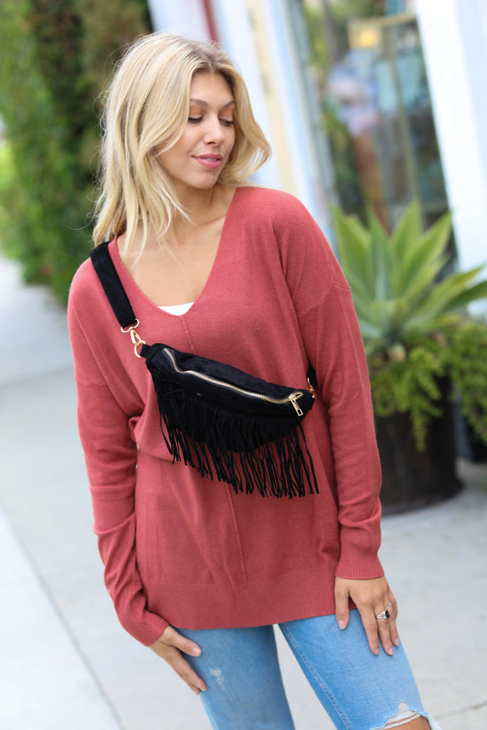 Black Faux Suede Fringe Convertible Fanny/Sling Bag-Timber Brooke Boutique, Online Women's Fashion Boutique in Amarillo, Texas