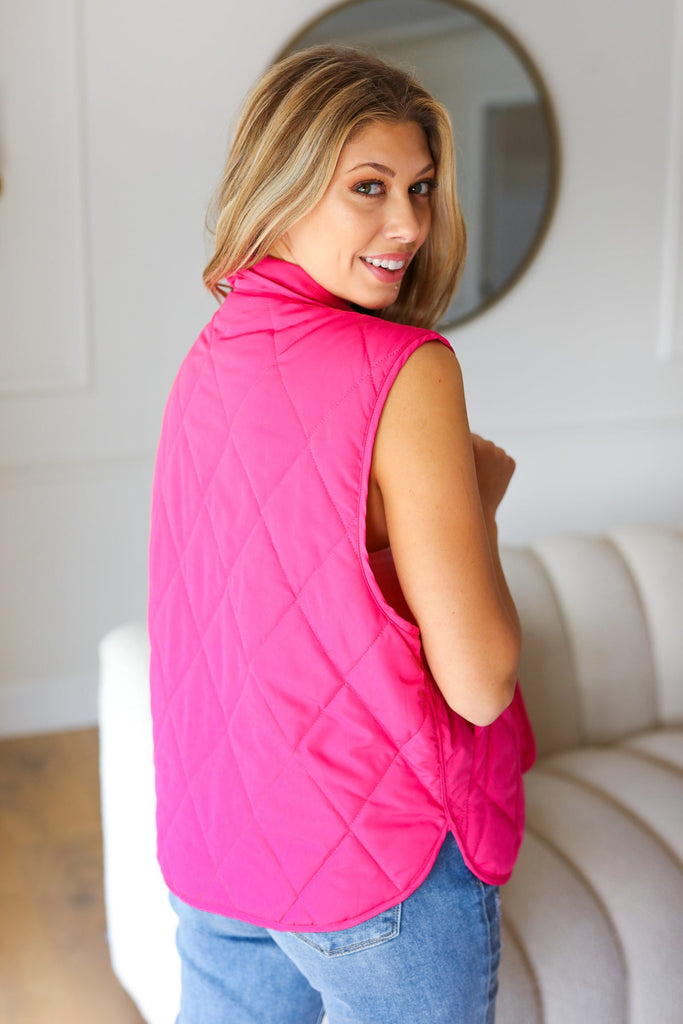 You Got This Hot Pink High Neck Quilted Puffer Vest-Timber Brooke Boutique, Online Women's Fashion Boutique in Amarillo, Texas