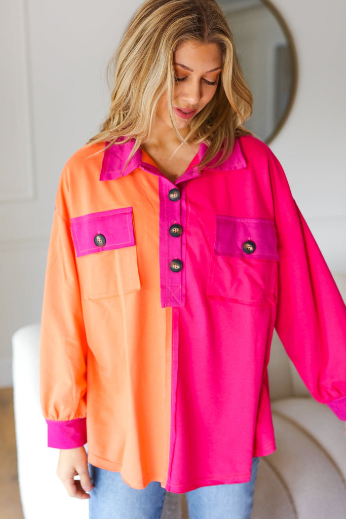 Feeling Bold Orange & Fuchsia Color Block Button Down Top-Timber Brooke Boutique, Online Women's Fashion Boutique in Amarillo, Texas