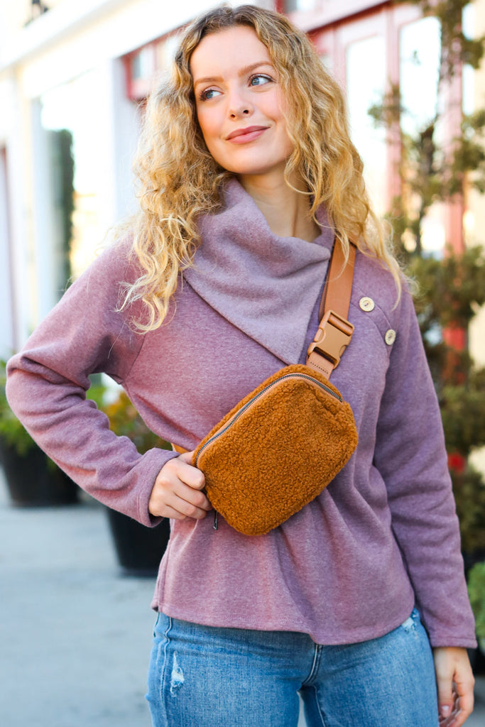 Tawny Brown Sherpa Zipper Buckle Belt Sling-Timber Brooke Boutique, Online Women's Fashion Boutique in Amarillo, Texas