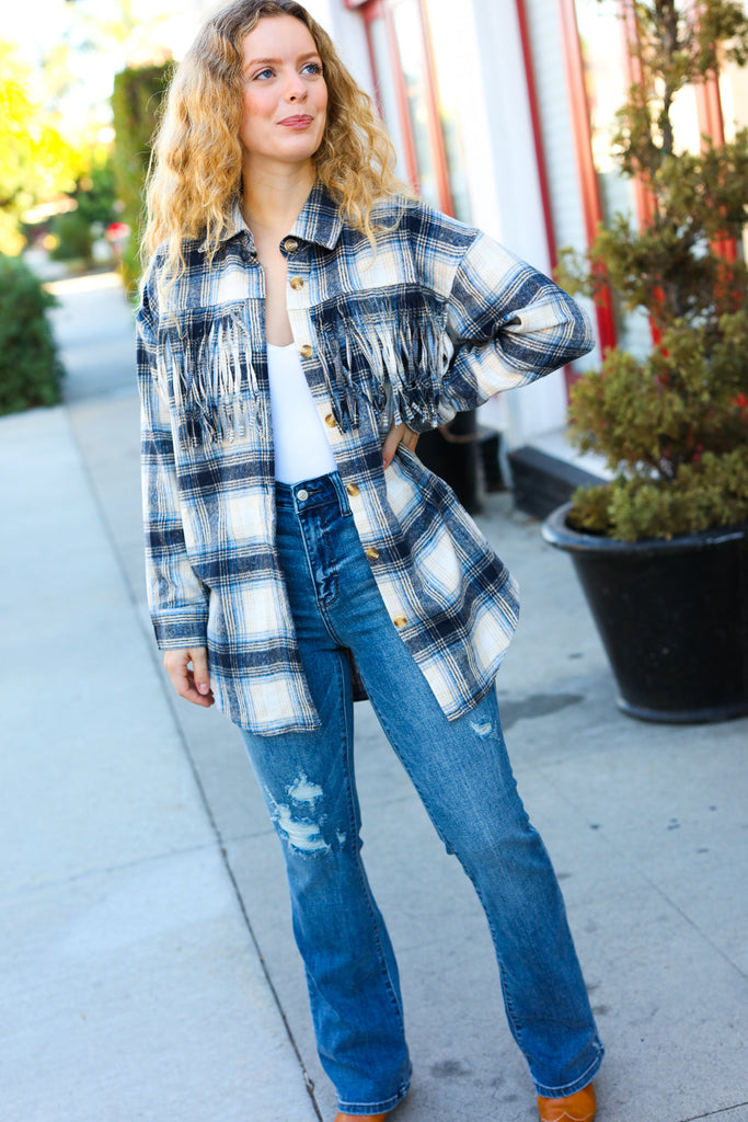 Take The Leap Navy Plaid Fringe Button Down Shacket-Timber Brooke Boutique, Online Women's Fashion Boutique in Amarillo, Texas