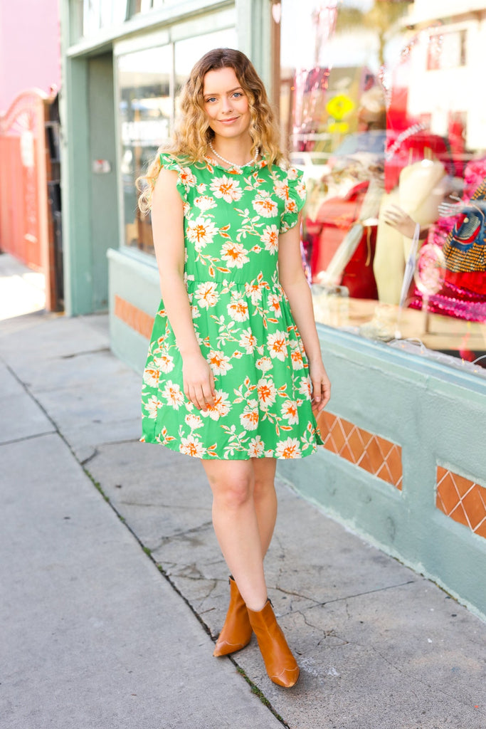 Bright Thoughts Green Floral Frill Mock Neck Ruffle Dress-Mini Dresses-Timber Brooke Boutique, Online Women's Fashion Boutique in Amarillo, Texas