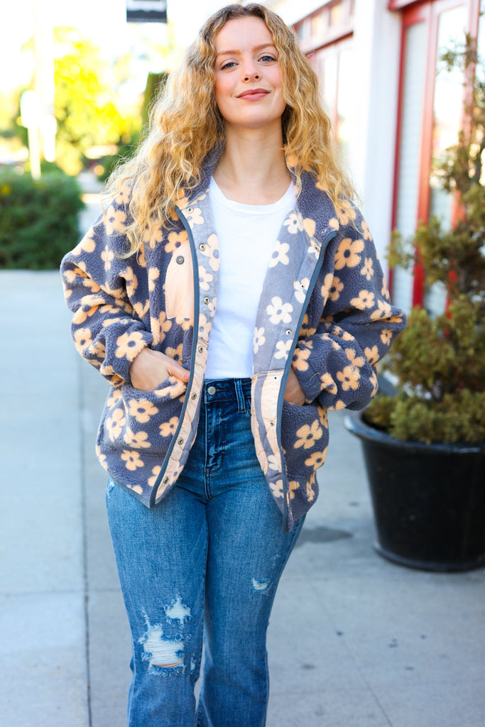 Bold Energy Plum Flower Power Sherpa Button Down Jacket-Timber Brooke Boutique, Online Women's Fashion Boutique in Amarillo, Texas