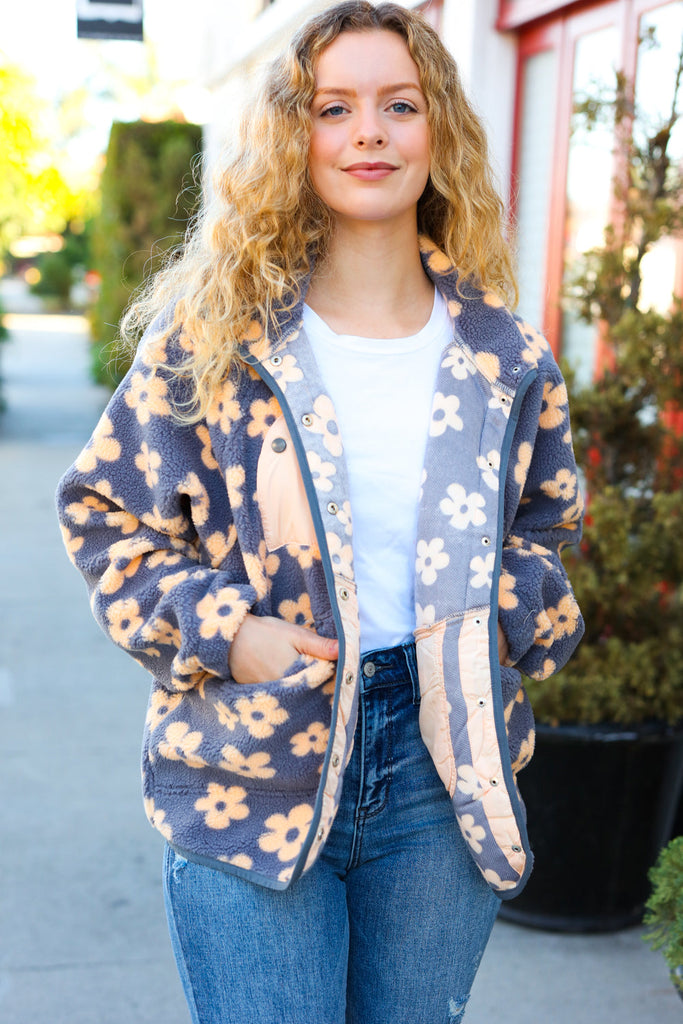 Bold Energy Plum Flower Power Sherpa Button Down Jacket-Timber Brooke Boutique, Online Women's Fashion Boutique in Amarillo, Texas