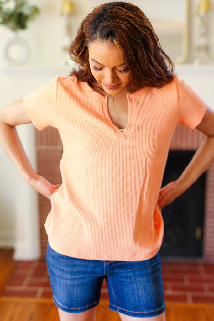 Feel Your Best Orange Baby Waffle Henley Neckline Top-Timber Brooke Boutique, Online Women's Fashion Boutique in Amarillo, Texas