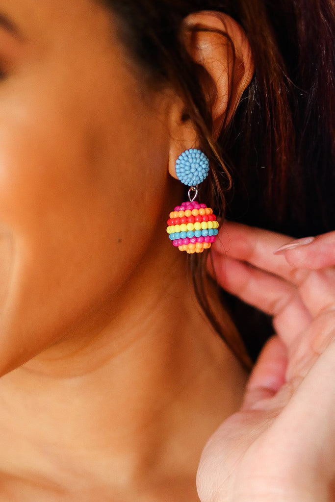 Blue Beaded Sphere Drop Earrings-Timber Brooke Boutique, Online Women's Fashion Boutique in Amarillo, Texas