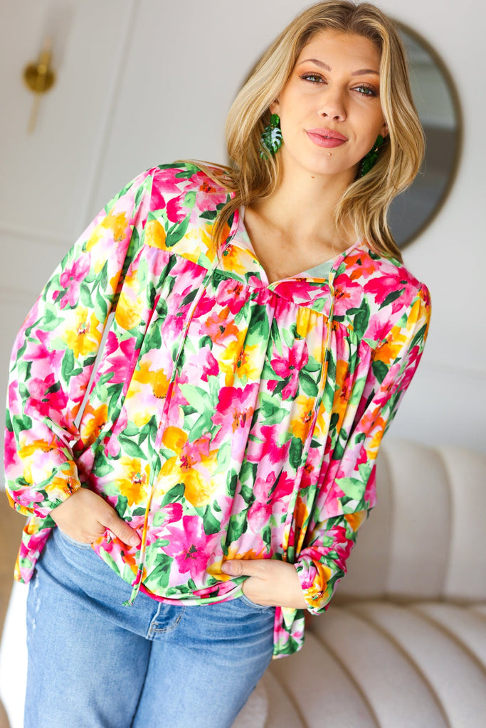Pretty In Pink Watercolor Floral Yoke Tie Top-Timber Brooke Boutique, Online Women's Fashion Boutique in Amarillo, Texas