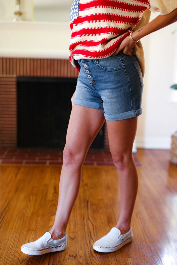 Stars & Stripes Pocket Button Down Cuffed Hem Shorts-Timber Brooke Boutique, Online Women's Fashion Boutique in Amarillo, Texas