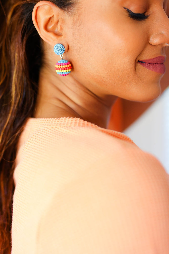 Blue Beaded Sphere Drop Earrings-Timber Brooke Boutique, Online Women's Fashion Boutique in Amarillo, Texas