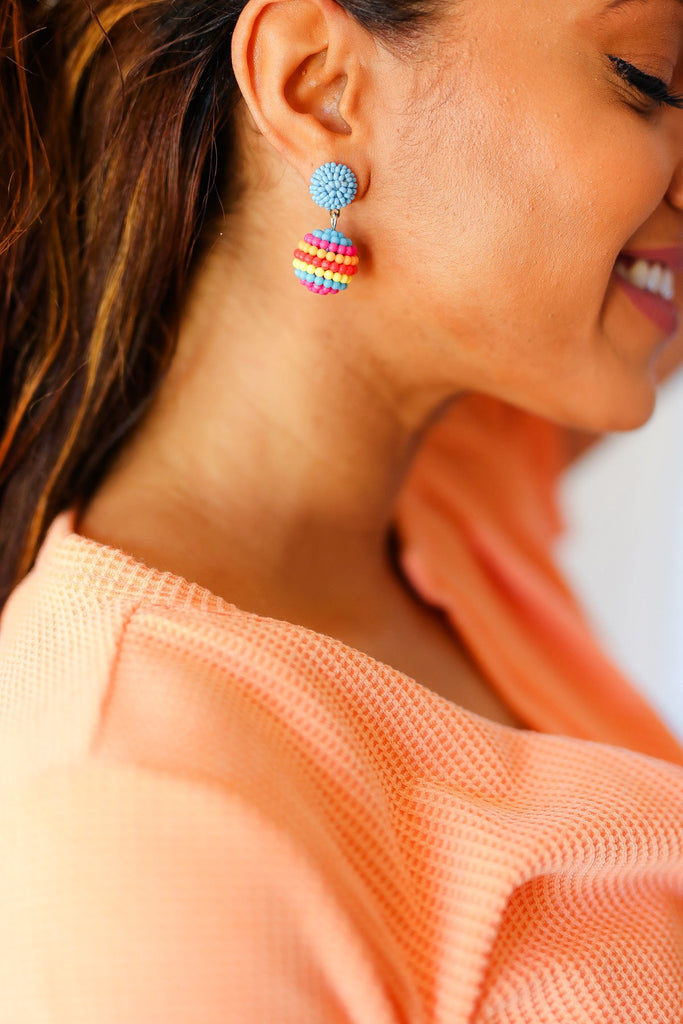 Blue Beaded Sphere Drop Earrings-Timber Brooke Boutique, Online Women's Fashion Boutique in Amarillo, Texas