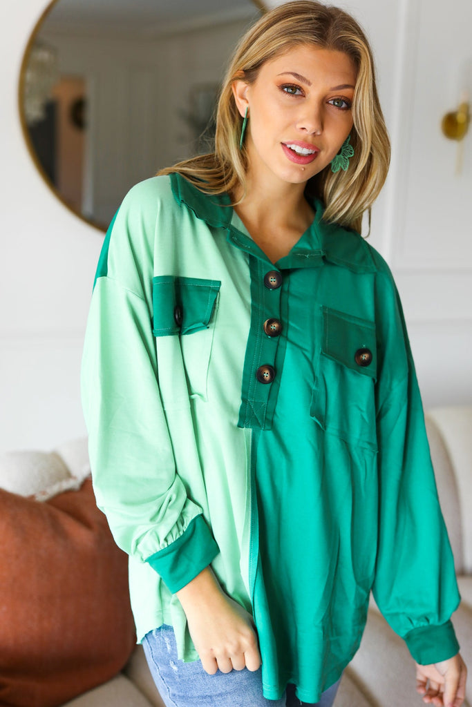 On The Way Up Mint Color Block Button Down Pullover-Timber Brooke Boutique, Online Women's Fashion Boutique in Amarillo, Texas