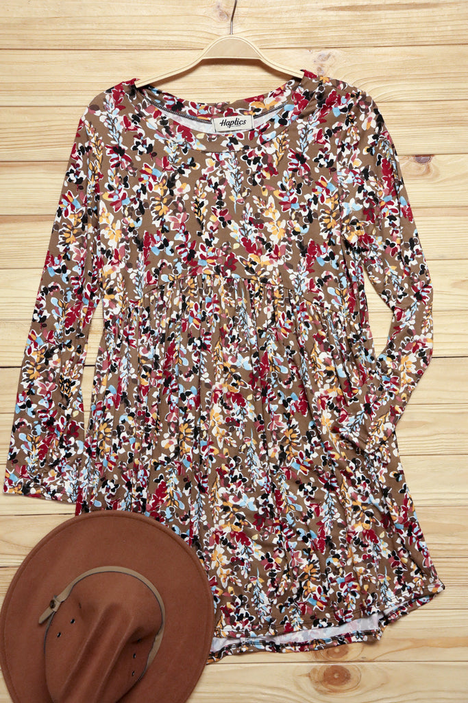 Taupe & Maroon Floral Long Sleeve Babydoll Dress-Timber Brooke Boutique, Online Women's Fashion Boutique in Amarillo, Texas