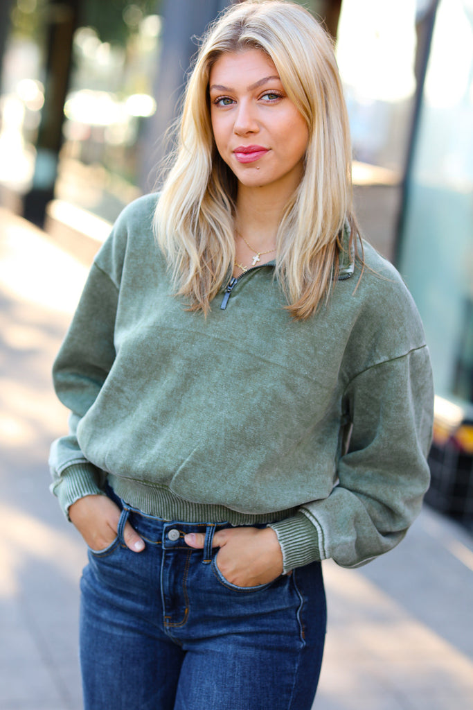 Olive Half Zip Cropped Pullover Sweater-Timber Brooke Boutique, Online Women's Fashion Boutique in Amarillo, Texas
