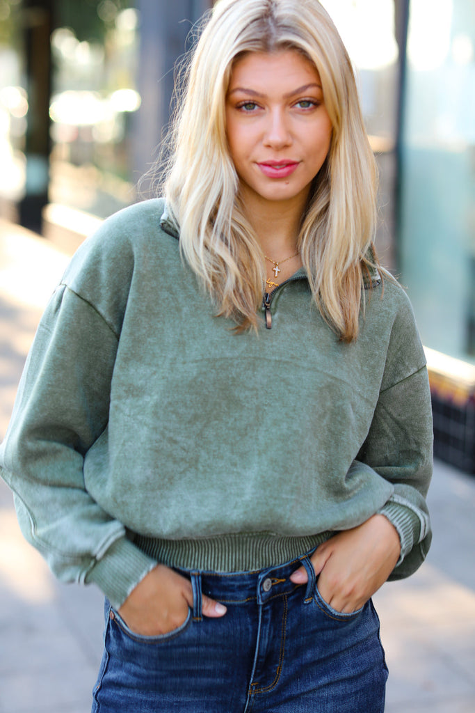 Olive Half Zip Cropped Pullover Sweater-Timber Brooke Boutique, Online Women's Fashion Boutique in Amarillo, Texas