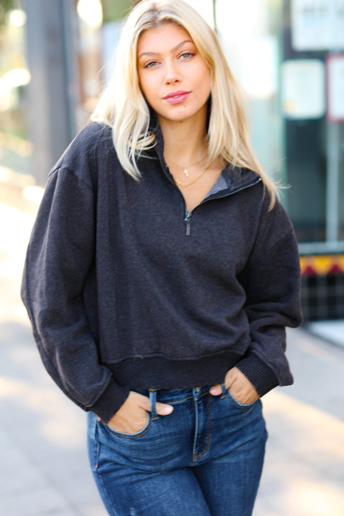 Dark Grey Half Zip Cropped Pullover Sweater-Timber Brooke Boutique, Online Women's Fashion Boutique in Amarillo, Texas