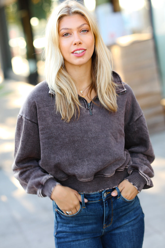 Mocha Half Zip Cropped Pullover Sweater-Timber Brooke Boutique, Online Women's Fashion Boutique in Amarillo, Texas