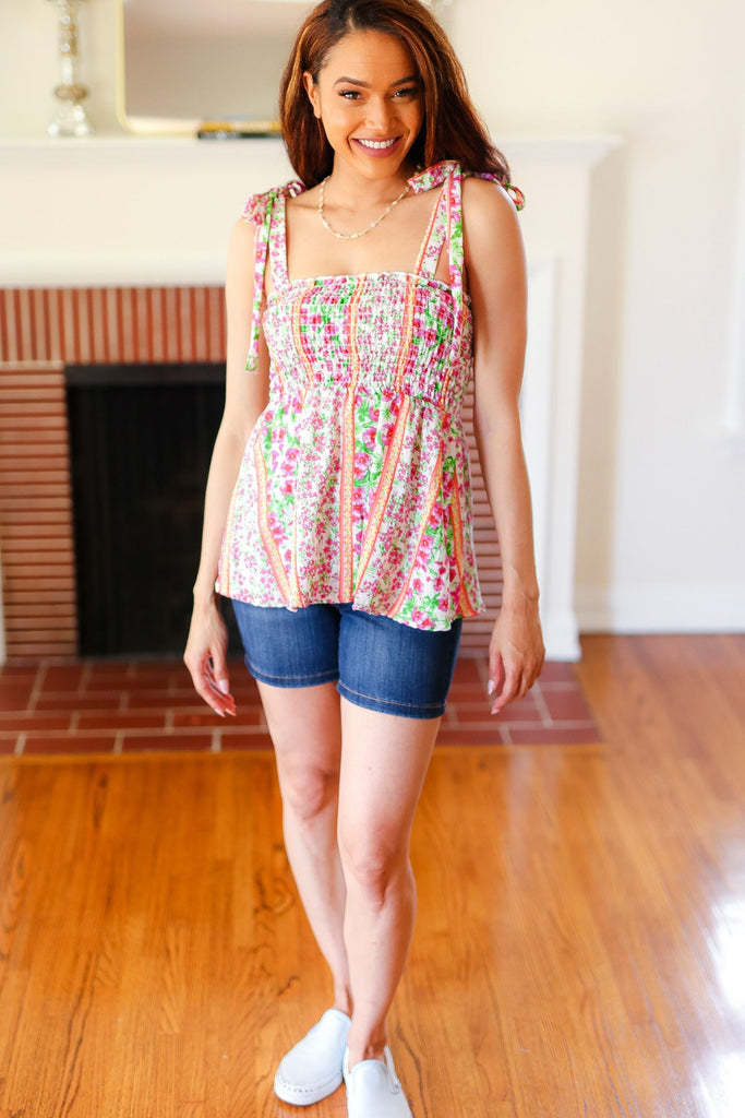 Summer Days Ivory & Fuchsia Floral Smocked Shoulder Tie Top-Timber Brooke Boutique, Online Women's Fashion Boutique in Amarillo, Texas