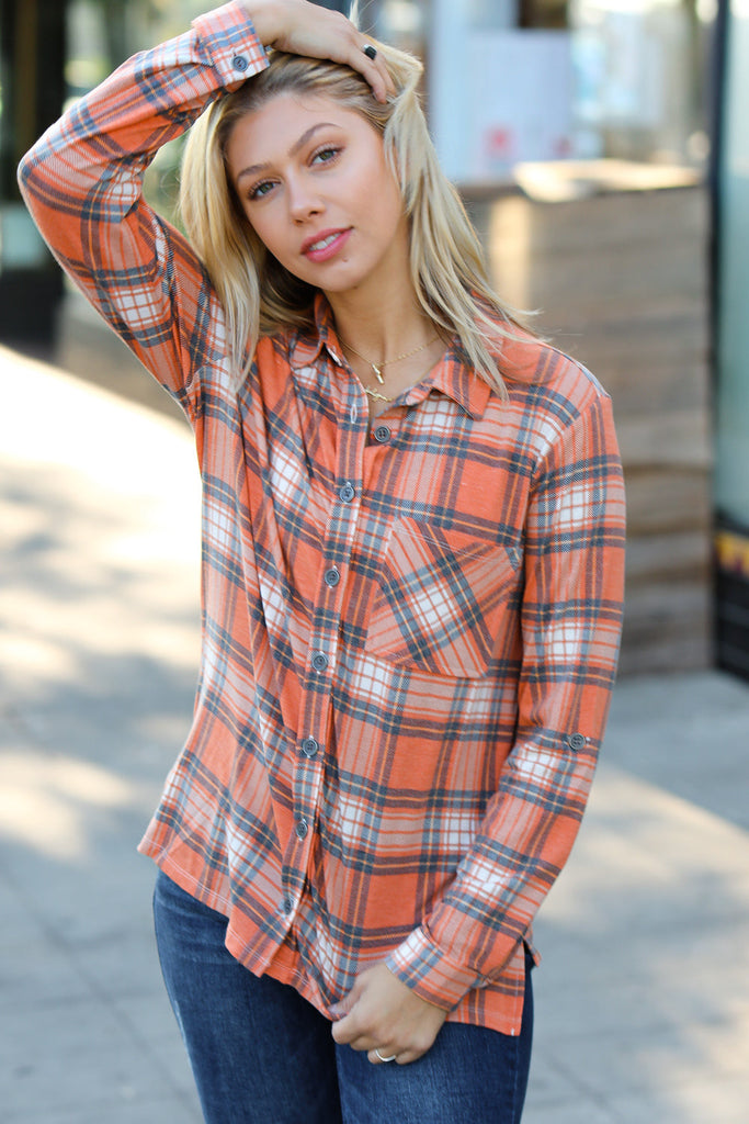 Rust Plaid Lightweight Button Up Shacket-Timber Brooke Boutique, Online Women's Fashion Boutique in Amarillo, Texas