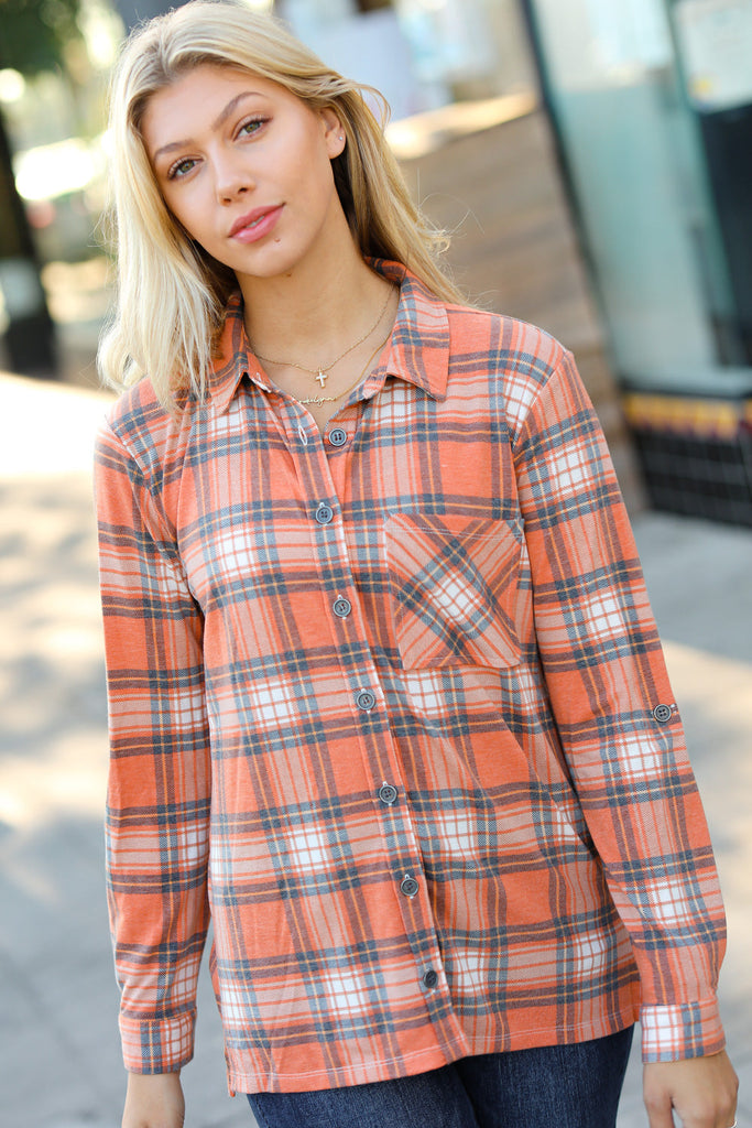 Rust Plaid Lightweight Button Up Shacket-Timber Brooke Boutique, Online Women's Fashion Boutique in Amarillo, Texas