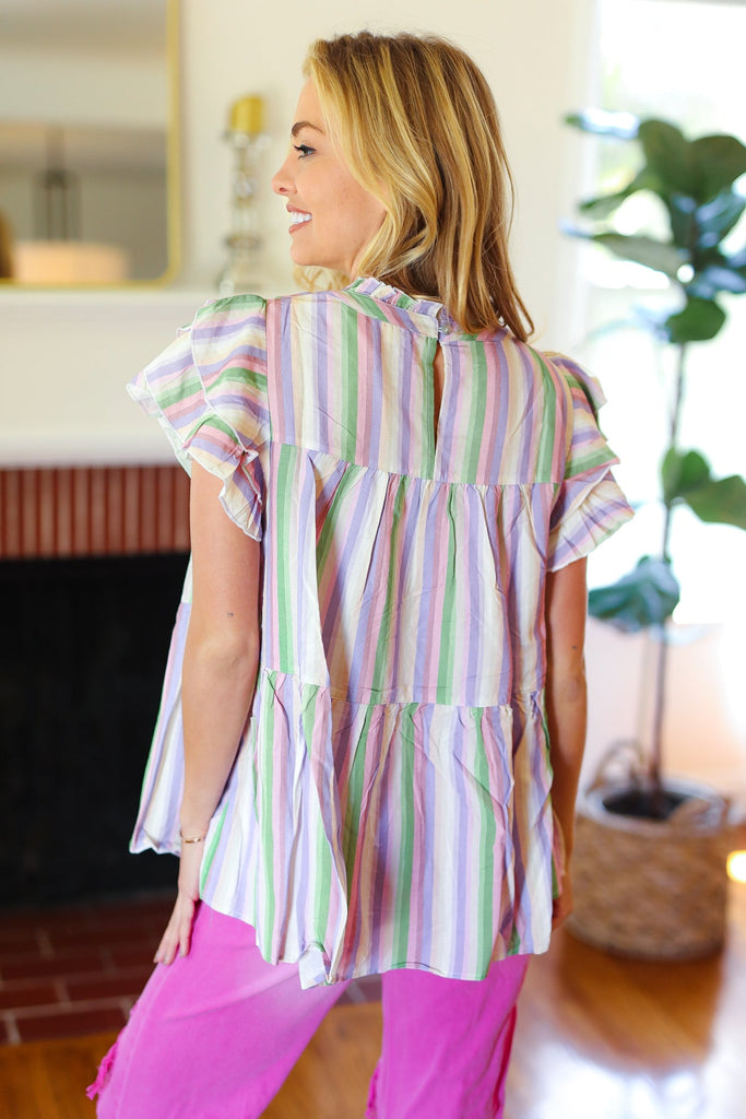 Easy To Love Lavender Stripe Double Ruffle Sleeve Frill Tiered Top-Timber Brooke Boutique, Online Women's Fashion Boutique in Amarillo, Texas