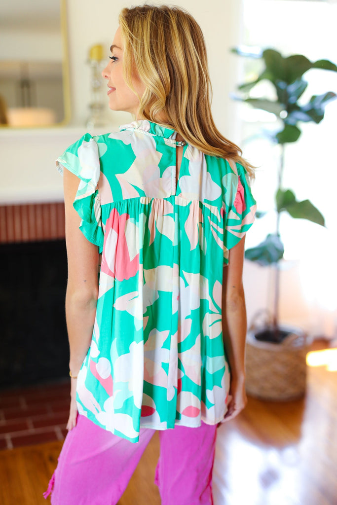 Feeling Joyful Aqua Floral Mock Neck Flutter Sleeve Top-Timber Brooke Boutique, Online Women's Fashion Boutique in Amarillo, Texas