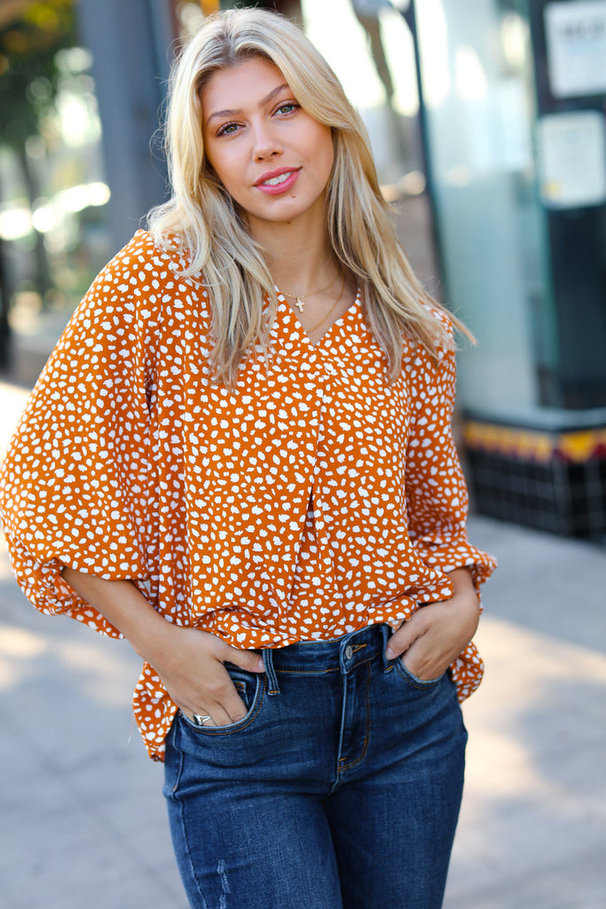 Mustard Abstract Dot V Neck Woven Top-Timber Brooke Boutique, Online Women's Fashion Boutique in Amarillo, Texas