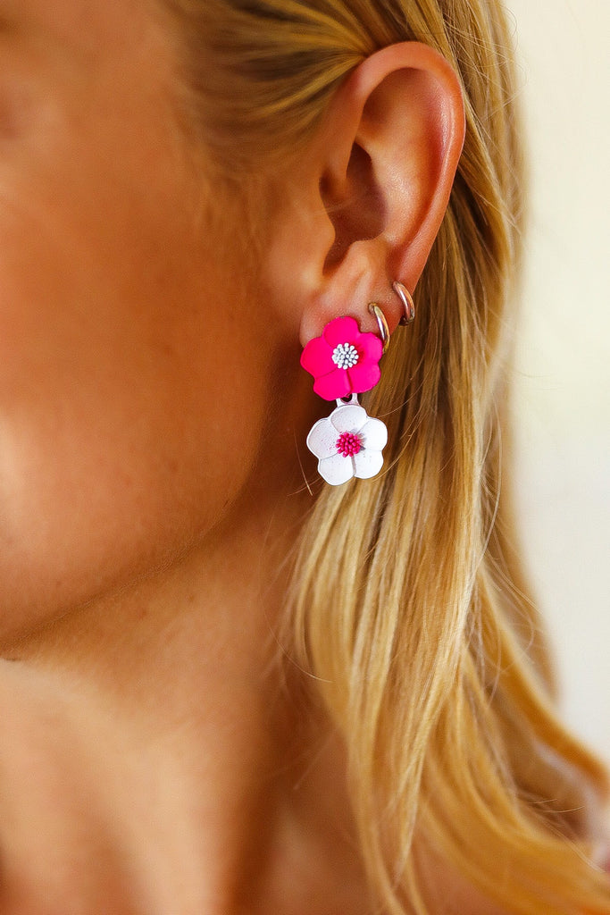 Fuchsia & White Tiered Flower Dangle Earrings-Timber Brooke Boutique, Online Women's Fashion Boutique in Amarillo, Texas