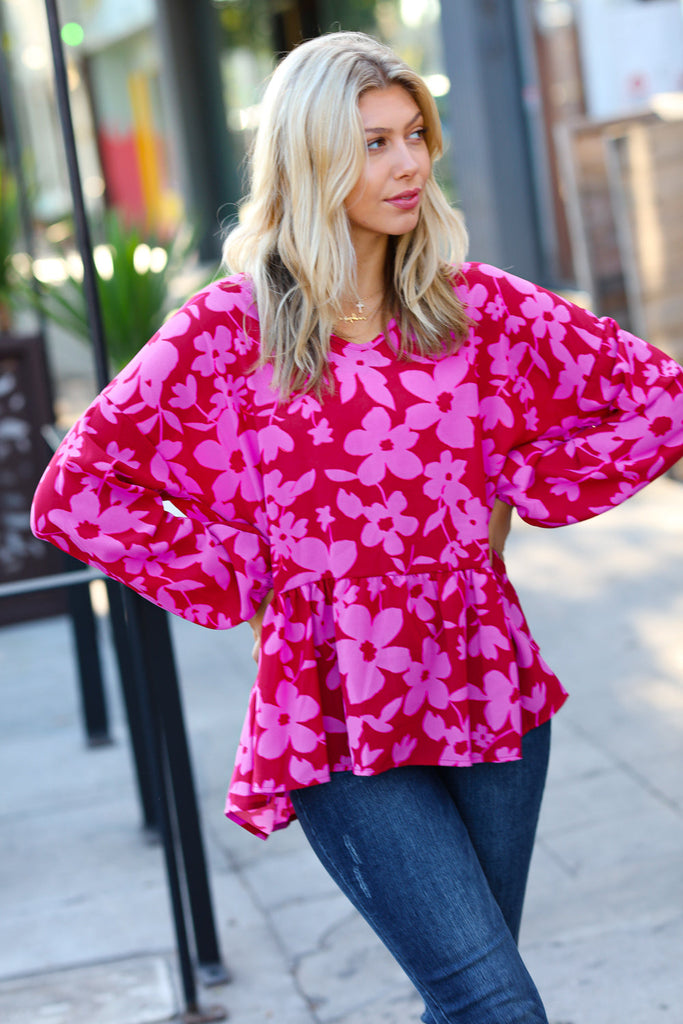 Red & Magenta Floral V Neck Woven Babydoll Top-Timber Brooke Boutique, Online Women's Fashion Boutique in Amarillo, Texas
