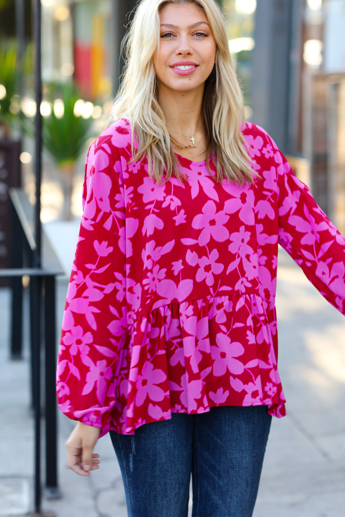 Red & Magenta Floral V Neck Woven Babydoll Top-Timber Brooke Boutique, Online Women's Fashion Boutique in Amarillo, Texas