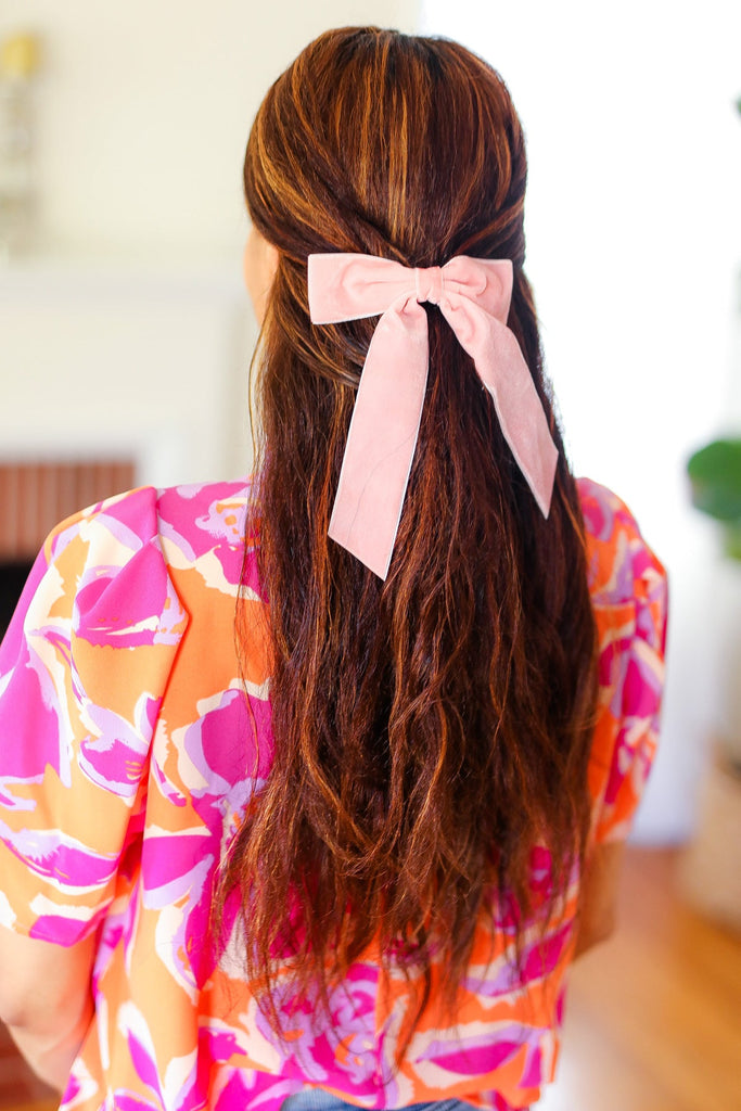 Soft Pink Velvet Barrette Clip Bow-Timber Brooke Boutique, Online Women's Fashion Boutique in Amarillo, Texas