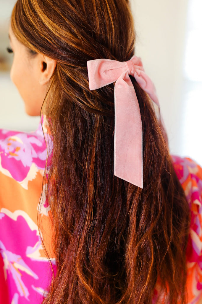 Soft Pink Velvet Barrette Clip Bow-Timber Brooke Boutique, Online Women's Fashion Boutique in Amarillo, Texas