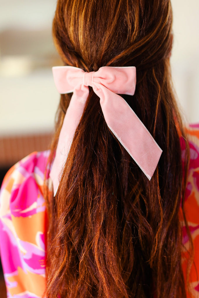 Soft Pink Velvet Barrette Clip Bow-Timber Brooke Boutique, Online Women's Fashion Boutique in Amarillo, Texas