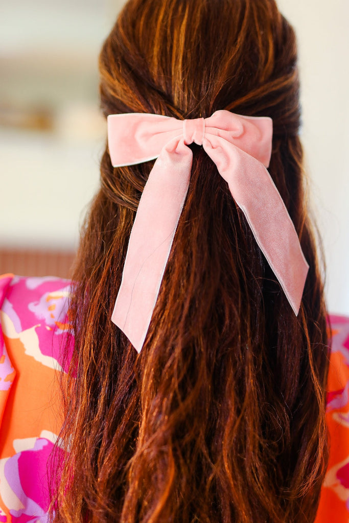 Soft Pink Velvet Barrette Clip Bow-Timber Brooke Boutique, Online Women's Fashion Boutique in Amarillo, Texas