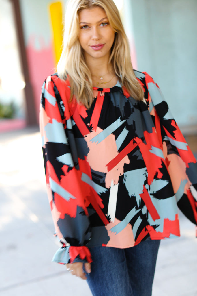 Black & Red Abstract Print Frill NeckTop-Timber Brooke Boutique, Online Women's Fashion Boutique in Amarillo, Texas