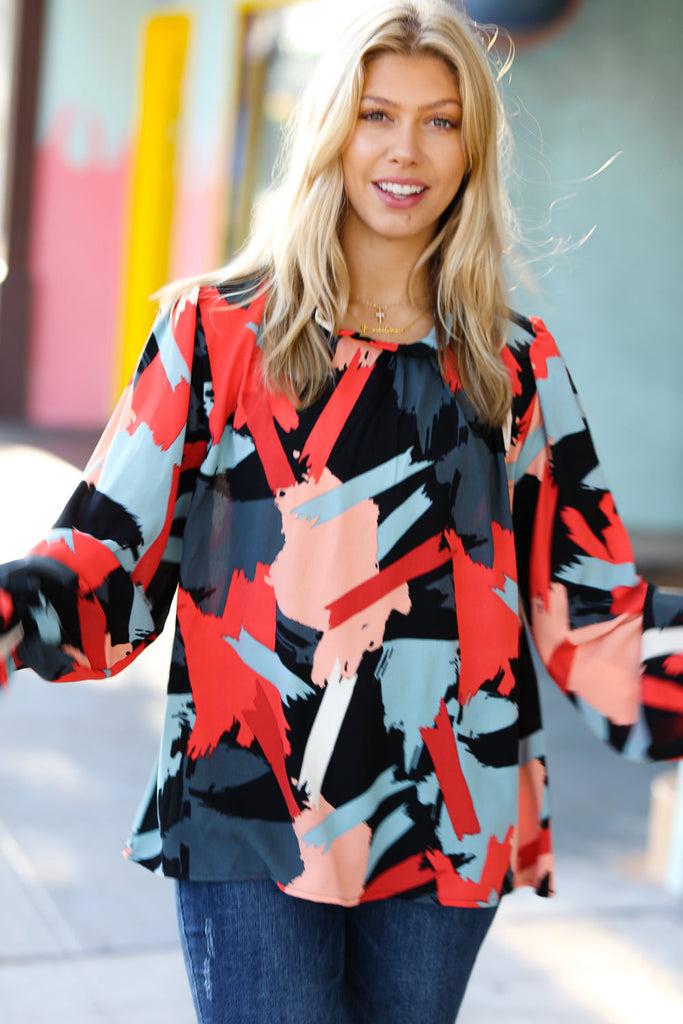 Black & Red Abstract Print Frill NeckTop-Timber Brooke Boutique, Online Women's Fashion Boutique in Amarillo, Texas
