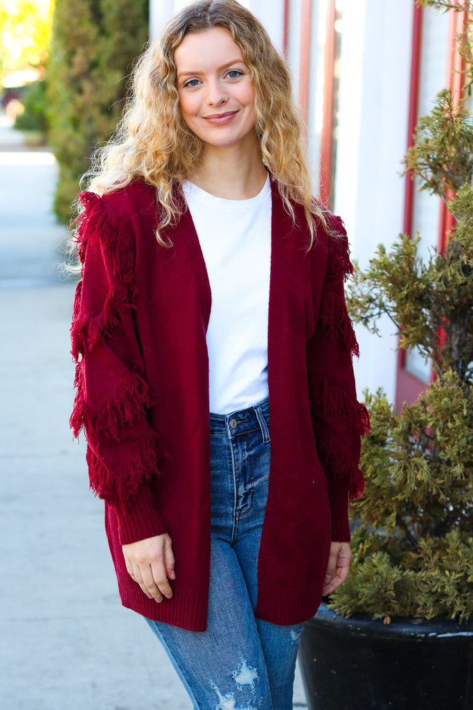 Make Your Day Burgundy Fringe Detail Open Cardigan-Timber Brooke Boutique, Online Women's Fashion Boutique in Amarillo, Texas