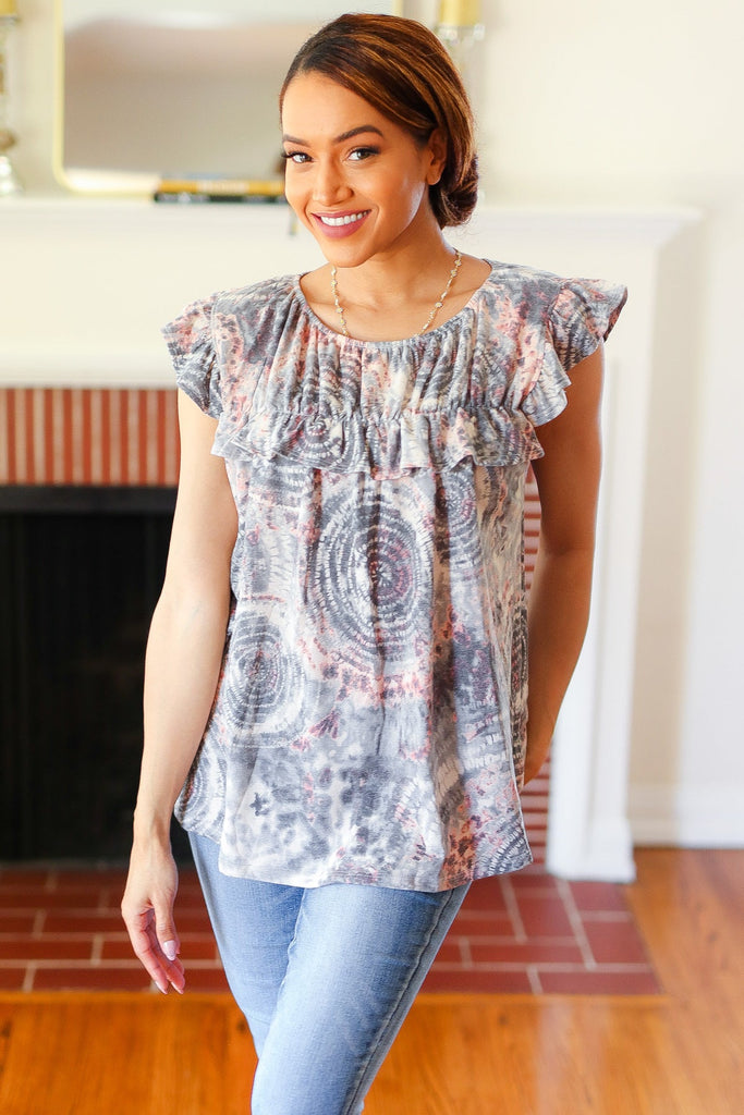 Everyday Gray & Coral Tie Dye Frilled Short Sleeve Yoke Top-Timber Brooke Boutique, Online Women's Fashion Boutique in Amarillo, Texas