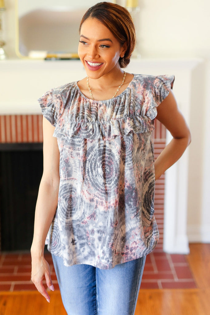 Everyday Gray & Coral Tie Dye Frilled Short Sleeve Yoke Top-Timber Brooke Boutique, Online Women's Fashion Boutique in Amarillo, Texas