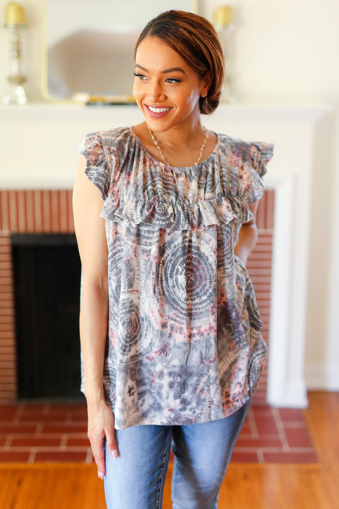 Everyday Gray & Coral Tie Dye Frilled Short Sleeve Yoke Top-Timber Brooke Boutique, Online Women's Fashion Boutique in Amarillo, Texas