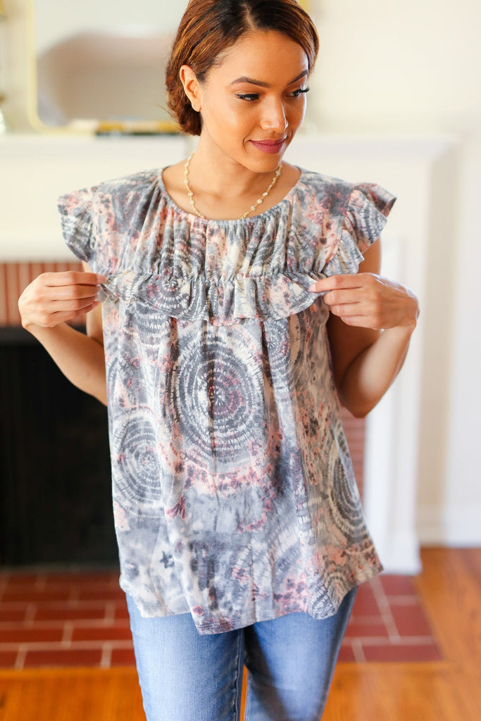 Everyday Gray & Coral Tie Dye Frilled Short Sleeve Yoke Top-Timber Brooke Boutique, Online Women's Fashion Boutique in Amarillo, Texas