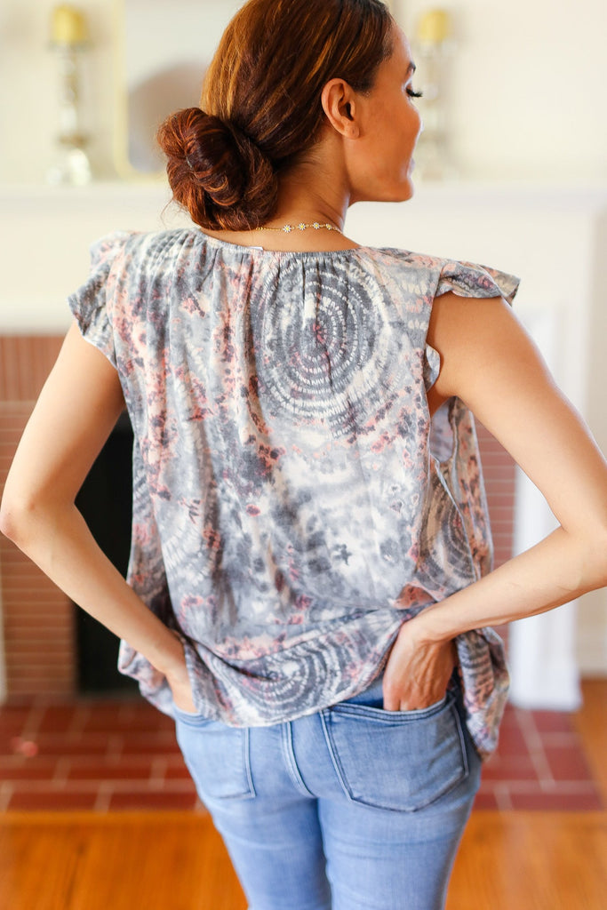 Everyday Gray & Coral Tie Dye Frilled Short Sleeve Yoke Top-Timber Brooke Boutique, Online Women's Fashion Boutique in Amarillo, Texas