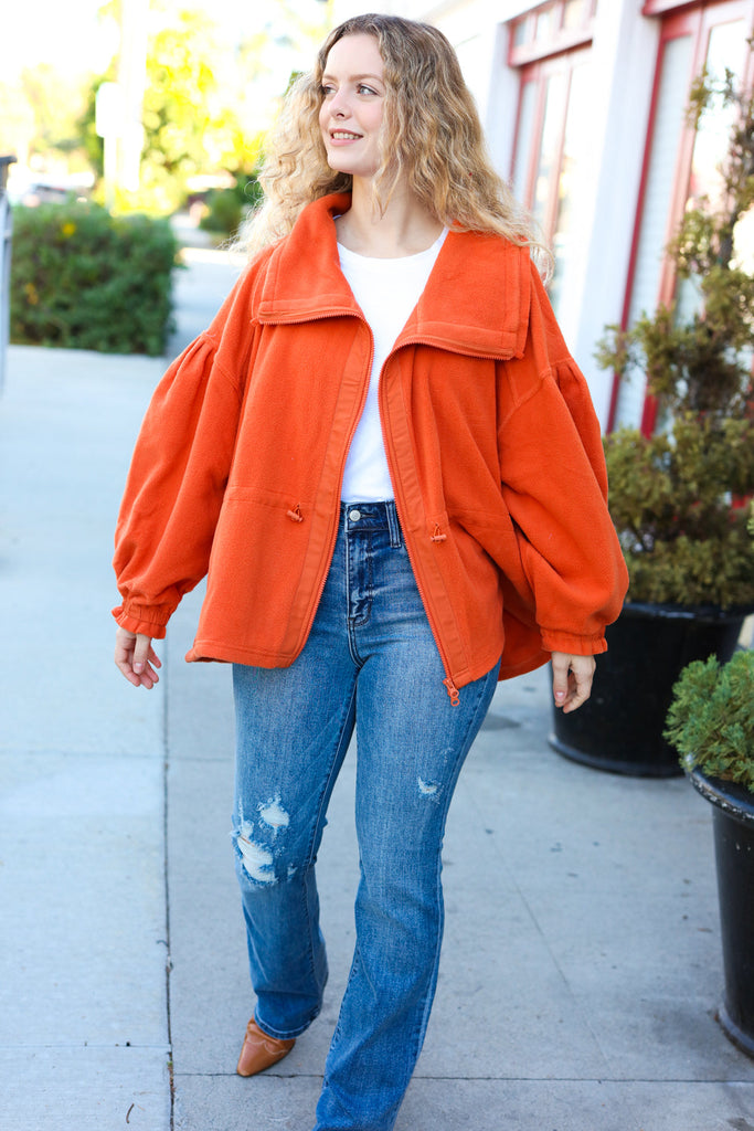 Own It Rust Cinched Waist Zip Up Fleece Jacket-Timber Brooke Boutique, Online Women's Fashion Boutique in Amarillo, Texas