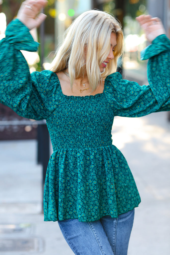 Always With You Teal Smocked Ditzy Floral Ruffle Top-Timber Brooke Boutique, Online Women's Fashion Boutique in Amarillo, Texas