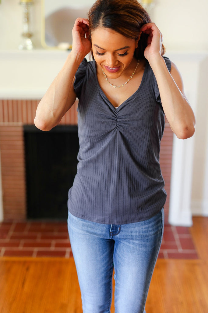 Sunny Days Charcoal Sweetheart Neckline Ribbed Top-Timber Brooke Boutique, Online Women's Fashion Boutique in Amarillo, Texas