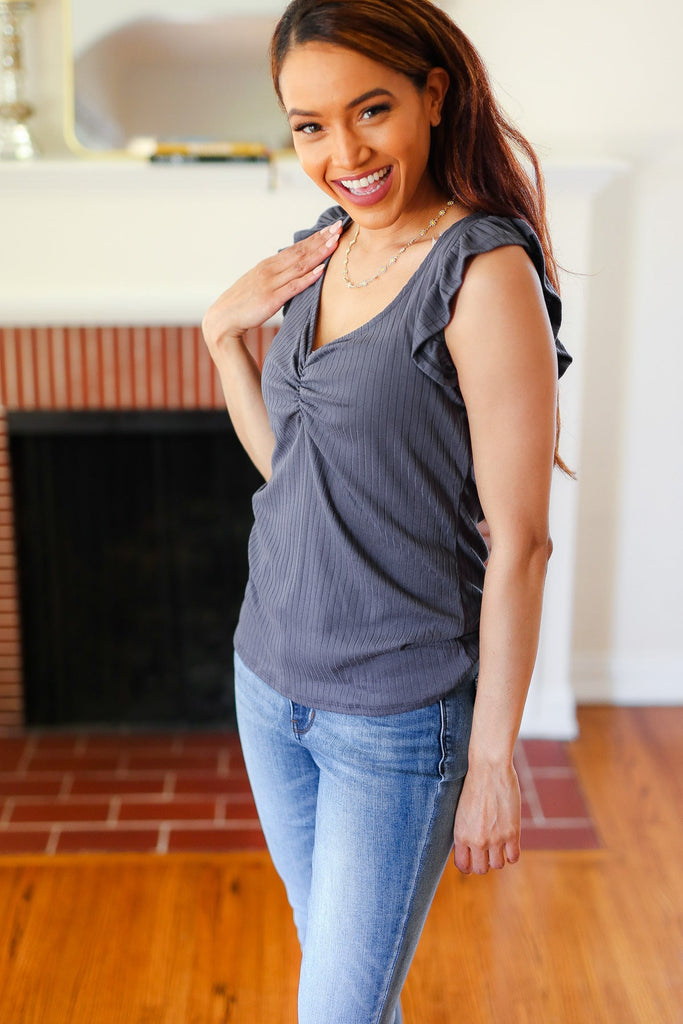 Sunny Days Charcoal Sweetheart Neckline Ribbed Top-Timber Brooke Boutique, Online Women's Fashion Boutique in Amarillo, Texas